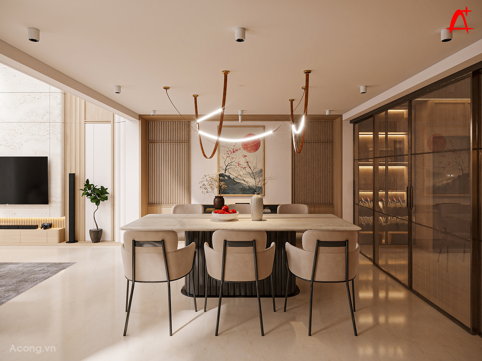 Bố cục mở giúp kết nối phòng khách và khu bếp, tăng tương tác và tối ưu diện tích sử dụng.